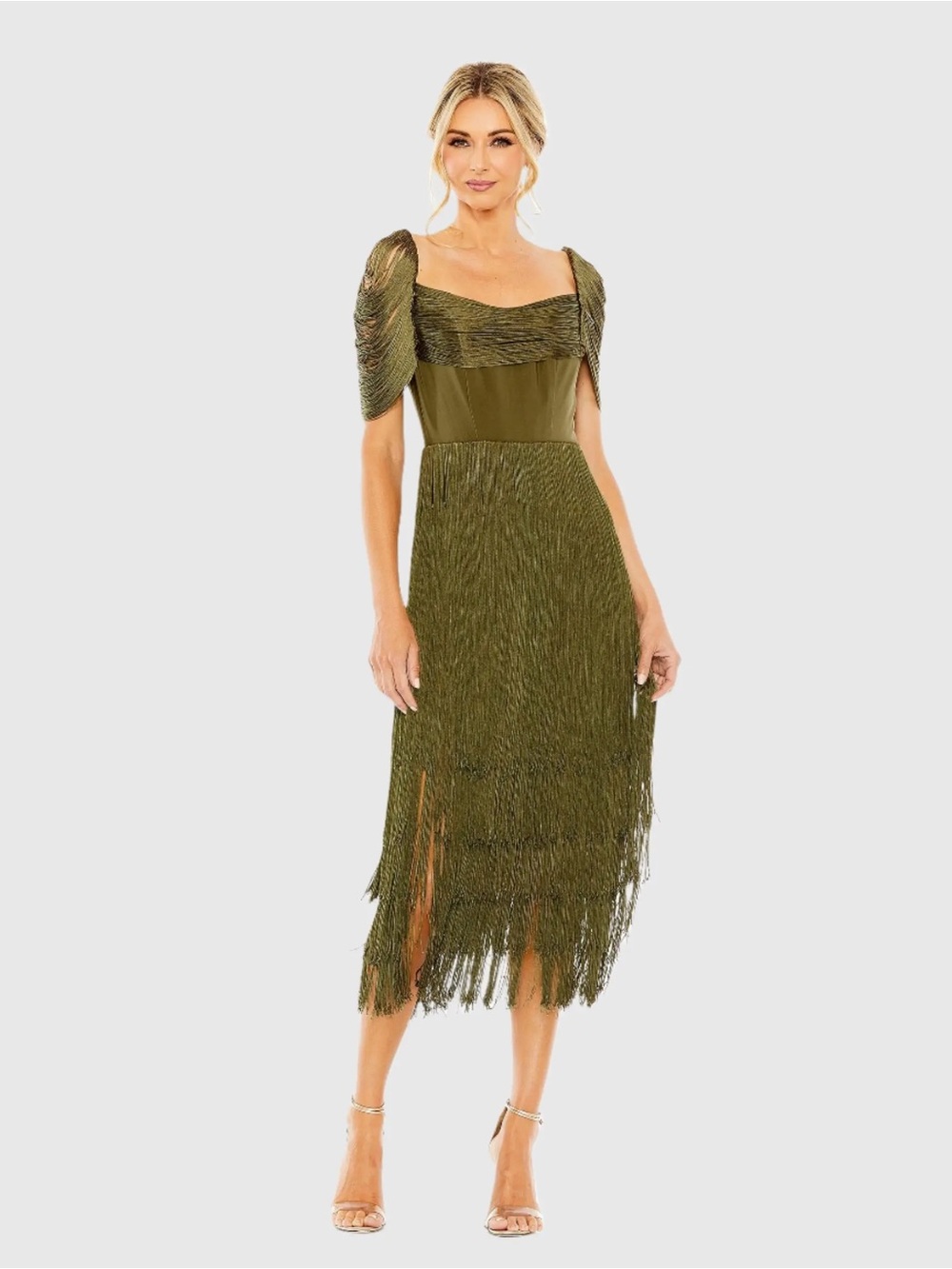 Mac Duggal 20568 Green Short Sleeve Fringe Detailed Midi Dress sz 12 NWOT